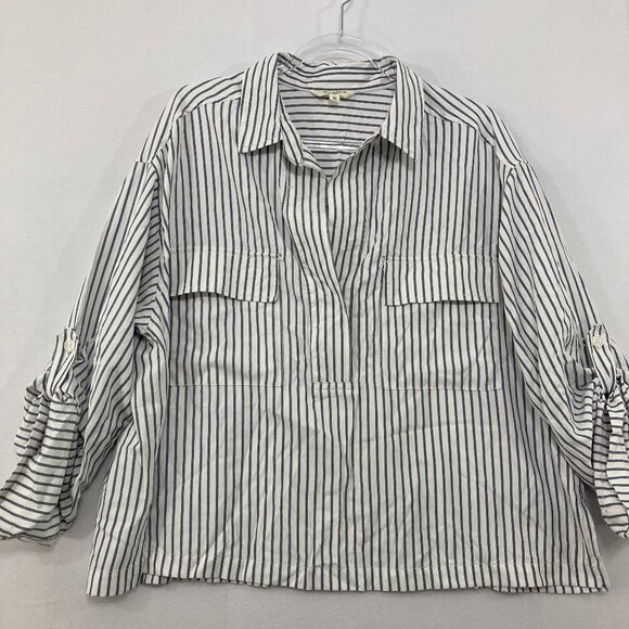 Max Studio size XL Gray White Striped Boxy Cut Relaxed Rolled Sleeve Popover Top - Picture 1 of 10